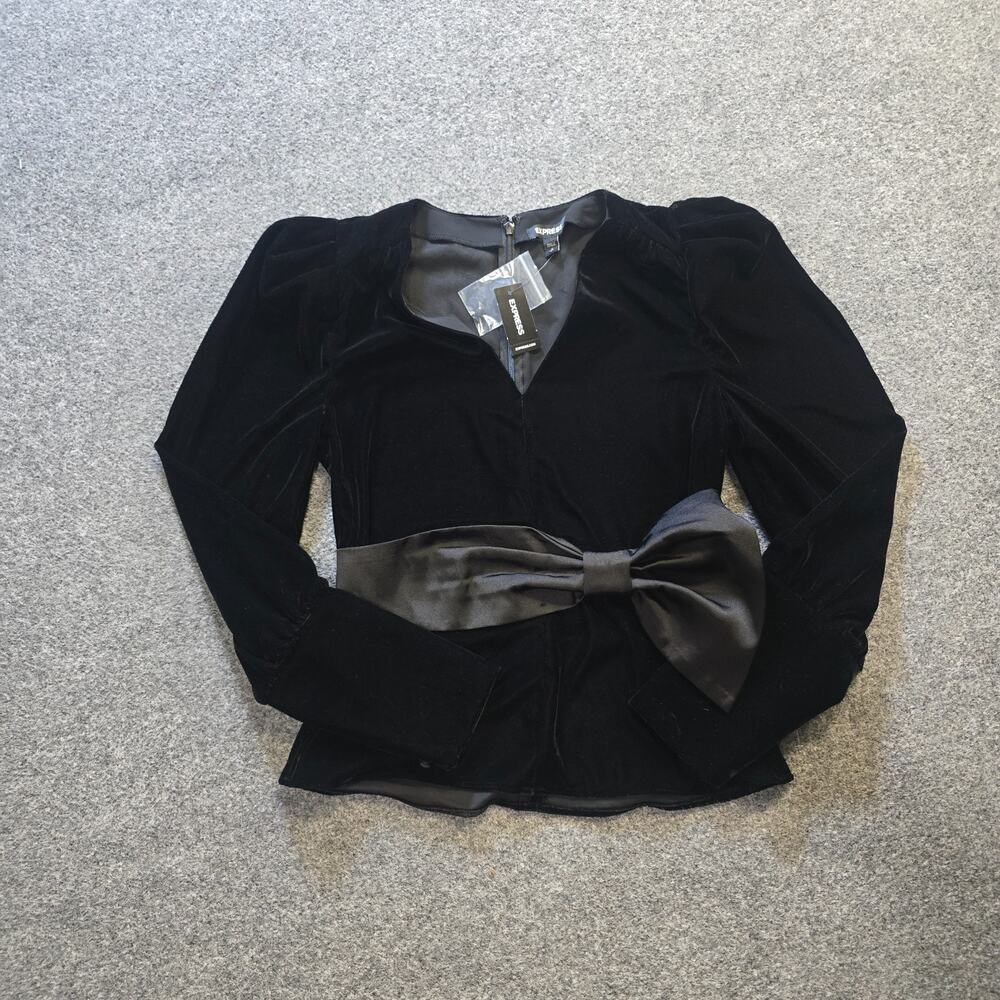 Express Top Womens Size Small Black Velour Satin Bow Long Sleeve Peplum Holiday